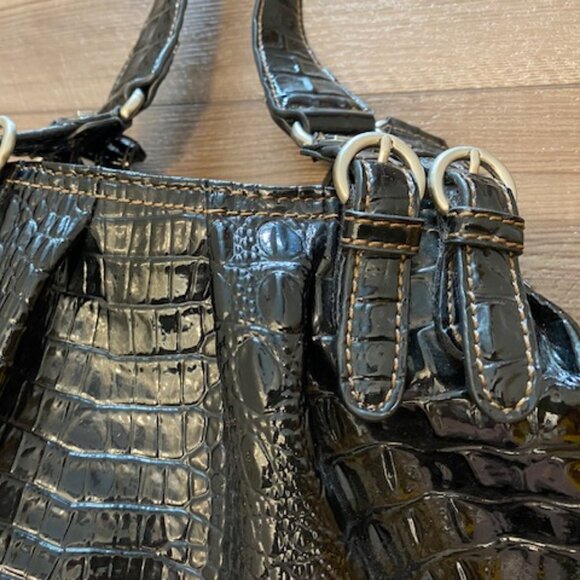 Large JESSICA SIMPSON Satchel PURSE * SHINY BLACK PATENT LEATHER embossed CROC - Picture 5 of 14